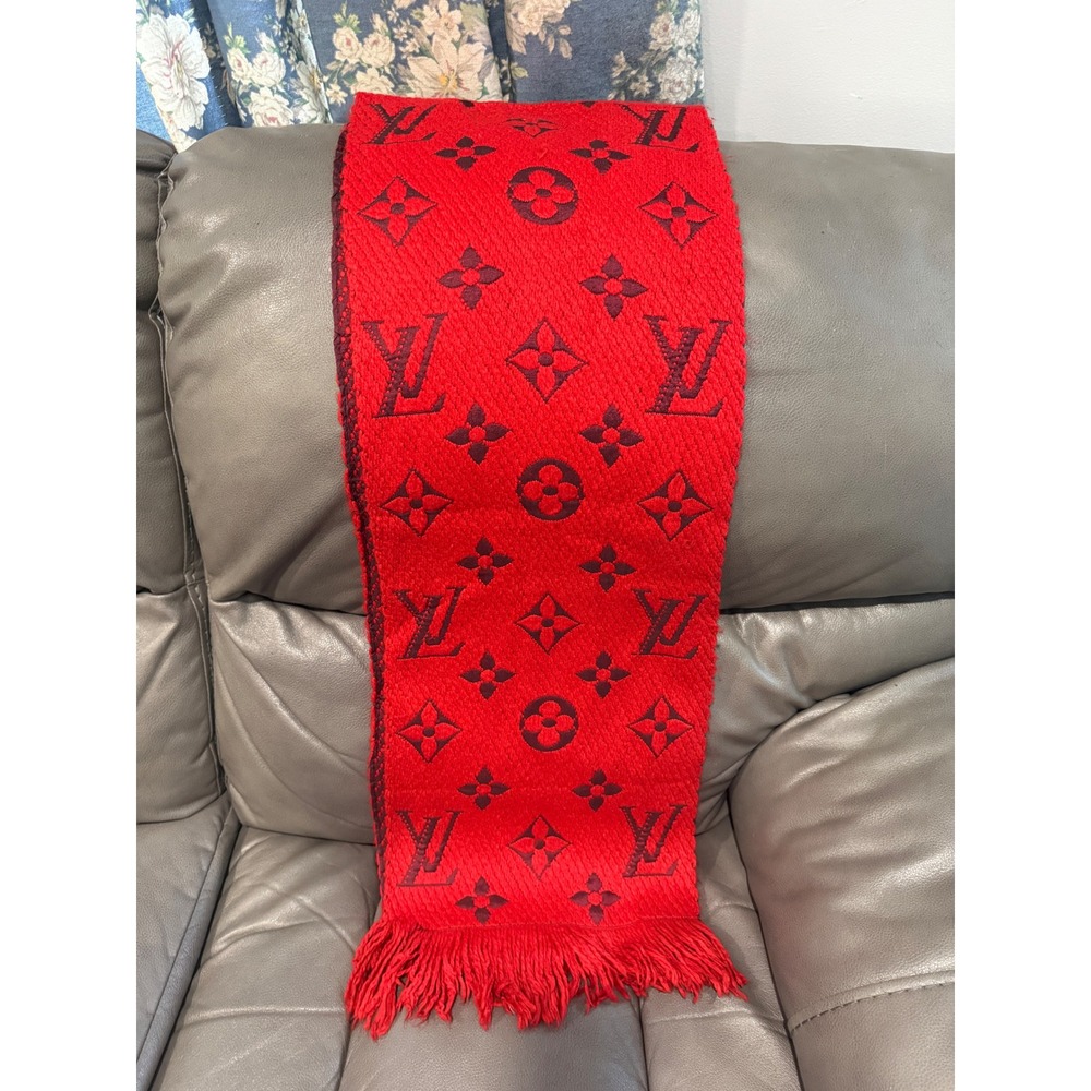 Louis Vuitton Logomania Scarf Ruby Red Wool Silk Monogram M72432 Made in Italy